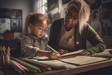 Afro american family, mom and son while doing homework from school. The concept of helping parents with children in learning. Generative Ai, Ai.