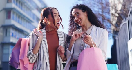 Happy woman, friends and walking with shopping bag in city together for discount, sale or outdoor purchase. Women or shopper smile in happiness for retail, deal or bonus promotion in an urban town - Powered by Adobe