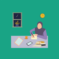 Creative Vector illustration drawing of A female Muslim student is writing ideas on paper with piles of books on the table, a cellphone, and a cup of coffee.smart female Muslim student. Modern Design