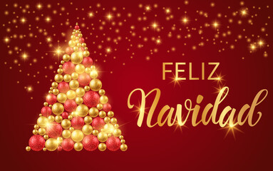 Fototapeta na wymiar Feliz Navidad - Merry Christmas in Spanish text for card for your design. Christmas tree made of gold and red balls on a red background.