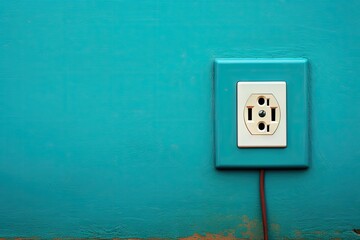 There is a power socket inserted into a turquoise wall, providing electrical supply, and there is also space available for text.