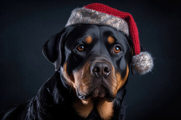 Obraz premium Rottweiler Dog In Holiday Christmas Or New Year Cap On Black Background. Generative AI