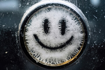 Smiley Face Drawn In The Snow On Glass. Generative AI