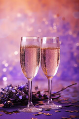 Two Champagne Glasses On Lilac Color Background Of Fireworks With Empty Space. Wedding Celebration. Generative AI