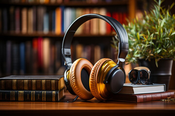 Online linguistic exploration, audiobooks concept, presented with books and headphones  Generative AI
