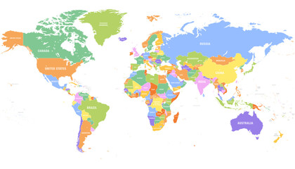 Colored world map. Political maps, colourful world countries and country names. Geography politics map, world land atlas or planet cartography vector illustration