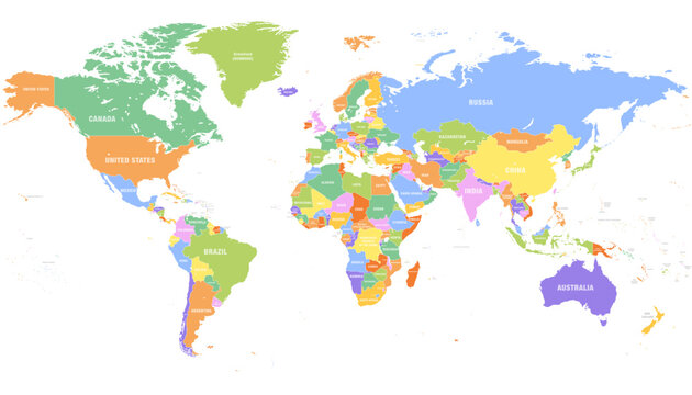 Colored world map. Political maps, colourful world countries and country names. Geography politics map, world land atlas or planet cartography vector illustration © FourLeafLover