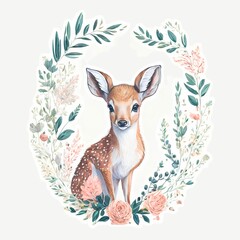 cute baby deer with flowers and leaves wreath, illustration animals painted with watercolour for decoration greeting cards, invitations, prints, textile or wall art