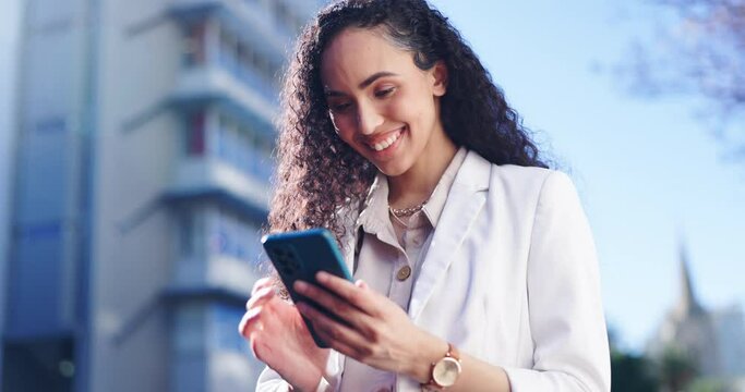 Happy woman, phone and laughing in city for social media, communication or outdoor networking. Female person smile for online search, chatting or texting on mobile smartphone app in an urban town