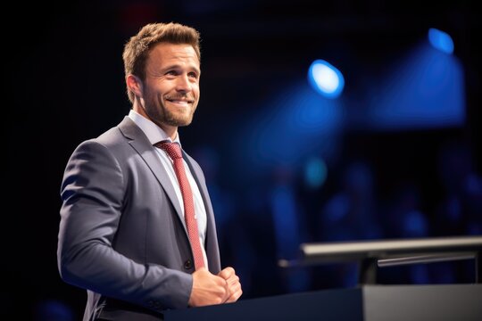 Photography of a pleased, man in his 40s that is wearing a debate team member's formal attire against a stage with a podium background. Generative AI