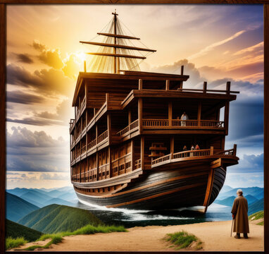 bible story of noah's ark sailing on the great flood - Generative AI