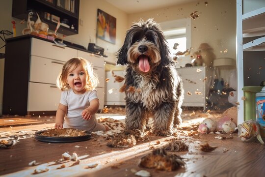 a playful hyperactive cute blond toddler child and a dog misbehaving and making a huge mess in a living-room, throwing around things and shredding paper. Studio light