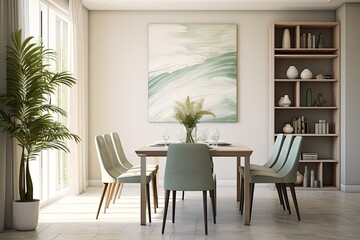 The dining room interior has a stylish composition, featuring a well designed table and modern chairs. There are various decorations such as a tropical leaf in a vase, fresh fruits, and an elegant