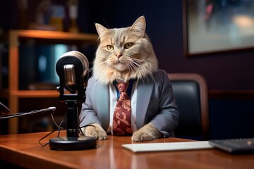 a cute cat wearing human business clothes sitting in a recording studio about to produce a podcast or asmr sounds or a radio talk-show
