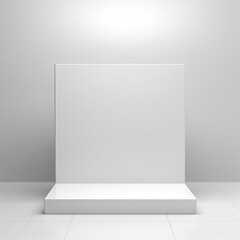 A minimalist white square podium on a clean white background serves as an empty showcase. Elevate your displays with this unadorned pedestal, perfect for spotlighting products.