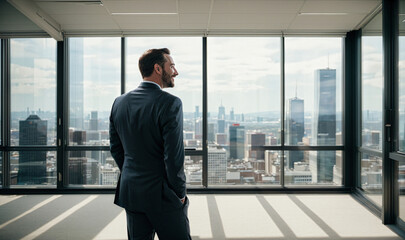 wide back shot of happy business man in blue suit staying at window and looking at blurry cityscape in back, mature confident professional executive manager, proud lawyer - generative AI