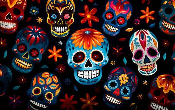 Day of The Dead colorful sugar skull pattern with floral ornaments. Mexican or Latin Halloween celebration
