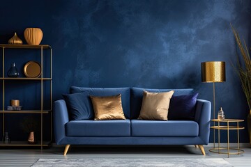 The living room interior features a fashionable arrangement, including a velvet blue couch, a side table with a golden finish, and tasteful home accessories. The backdrop consists of dark blue