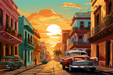 havana sunset with a typical car - obrazy, fototapety, plakaty