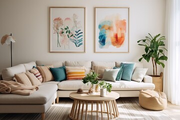 The living room is filled with natural light and has a cheerful atmosphere, thanks to its stylish sofa, pillows, coffee table, mock up poster frames, decorations, furniture, and personal accessories