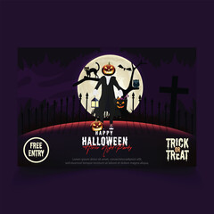 Halloween horror night party banner, character with pumpkins, dark atmosphere, moon, vector illustration