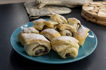 Puff pastry poppy seeds. food concept. dessert. bakery. puff pastry swirls
