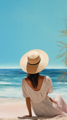 A serene painting of a woman enjoying the tranquility of the beach