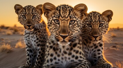 a group of young small teenage leopards wild big cats curiously looking straight into the camera, golden hour photo, ultra wide angle lens