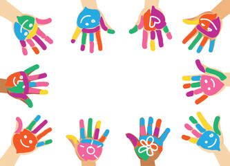 Multiethnic diverse painted colorful hands of children with smile and heart shape isolated vector illustration on white background