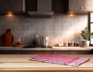 empty table with a red towel, kitchen background.