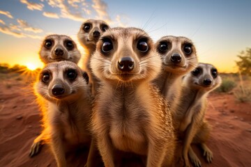 a group of young small teenage and adult meerkats curiously looking straight into the camera, golden hour photo, ultra wide angle lens
