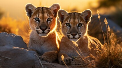 Obraz premium a group of young small teenage pumas wild big cats curiously looking straight into the camera, golden hour photo, ultra wide angle lens