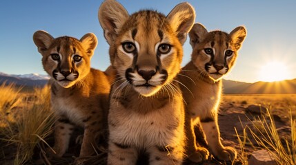 a group of young small teenage pumas wild big cats curiously looking straight into the camera, golden hour photo, ultra wide angle lens