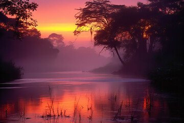 Fototapeta na wymiar Sunset over Amazon river with trees in the foreground