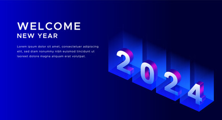 2024, new year celebration 2024, happy new year greetings. Welcome to 2024. A realistic isometric 3D style design, with a modern look