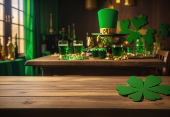 Empty wooden table with St. Patrick’s Day theme in background