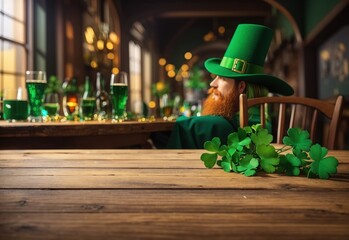 Empty wooden table with St. Patrick’s Day theme in background - obrazy, fototapety, plakaty