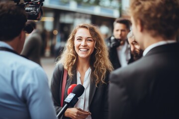 young professional politician woman being interviewed live by a tv broadcast channel with microphones and cameras on a press conference outside on the city street. Generative AI - obrazy, fototapety, plakaty