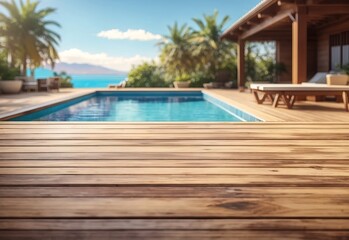 Empty wooden table with pool theme in background