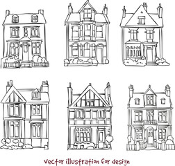 vector sketch of wooden and brick houses
