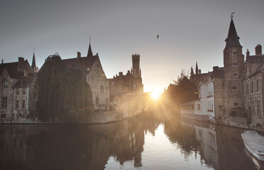 Canal and buildings at sunset in Bruges, Belgium