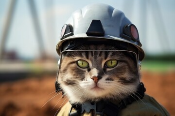 a cat wearing a firefighter helmet, in the style of industrial landscapes, extreme angle, metalworking mastery