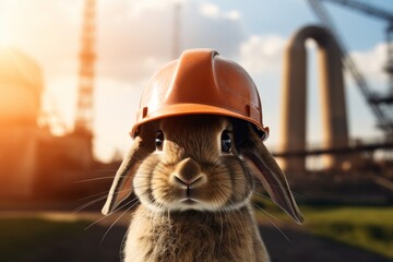 a rabbit wearing a hard hat stands in front of a factory, in the style of engineering/construction and design, cute and dreamy