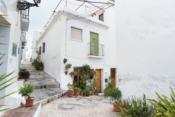 House and potted plants on street in Spain