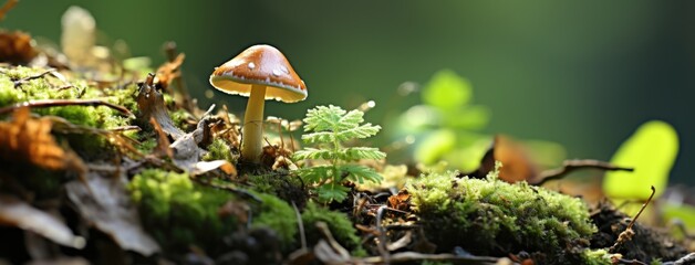 moss on the ground. mushroom in the forest. - obrazy, fototapety, plakaty
