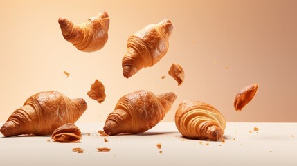 Advertisement studio banner with freshly baked french butter croissants flying in the air on pastel gradient background. Food ingredient levitation.