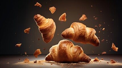 Advertisement studio banner with freshly baked french butter croissants flying in the air on pastel gradient background. Food ingredient levitation. - Powered by Adobe