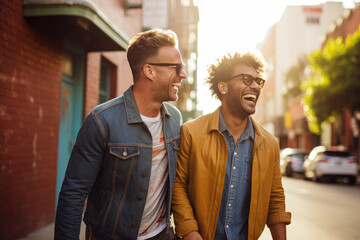 Two homosexual men stroll hand in hand along the bustling street, radiating love, acceptance, and pride. Their confident strides and genuine smiles. Generative Ai, Ai.