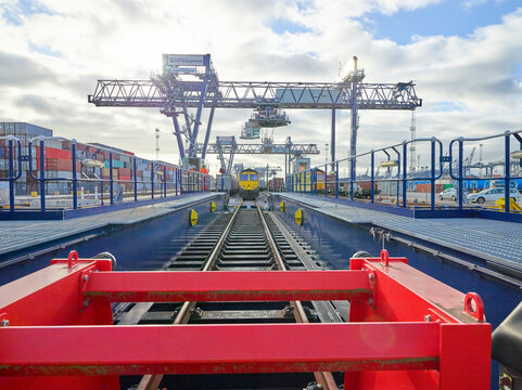 Railway buffer stop in dockyard, Felixstowe, England.