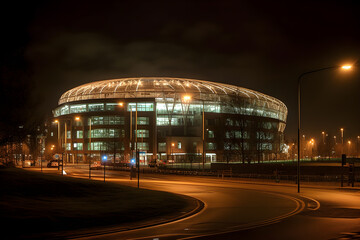 Fototapeta na wymiar view of football stadium building at night ,soccer stadium at night ,generative ai